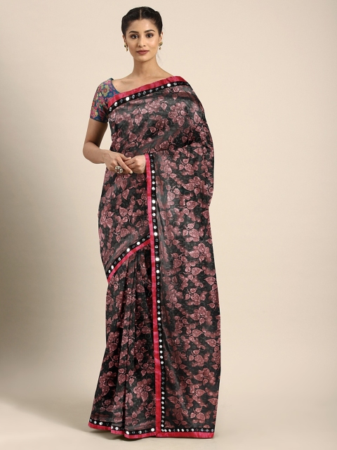 

KALINI Black & Rust Pink Silk Blend Floral Printed Saree