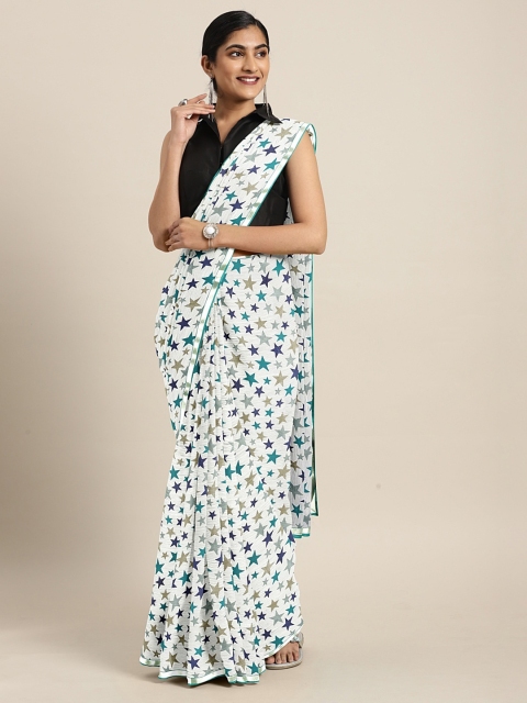 

KALINI White & Teal Green Poly Chiffon Printed Saree