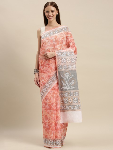 

KALINI Peach-Coloured & Grey Pure Cotton Floral Printed Saree