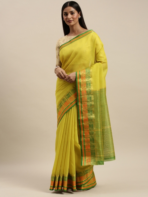 

KALINI Olive Green Solid Cotton Blend Saree