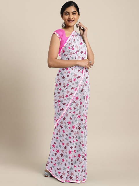 

KALINI White & Pink Poly Chiffon Printed Saree