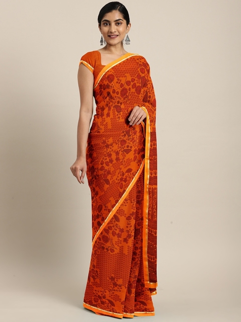 

KALINI Orange & Maroon Poly Chiffon Floral Printed Saree