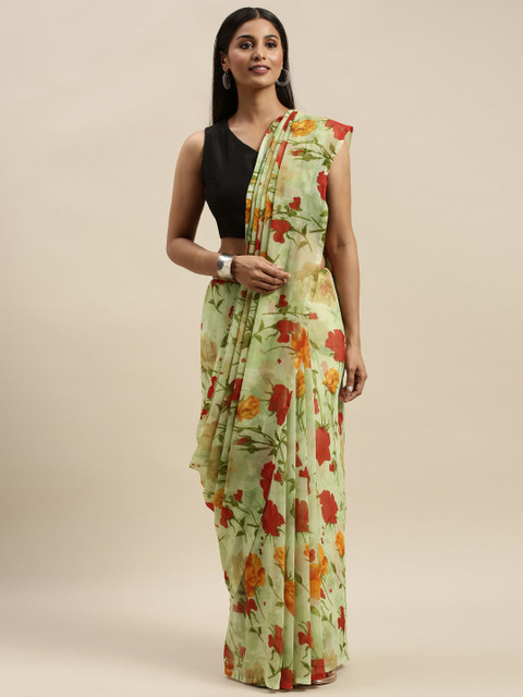 

KALINI Green & Red Floral Printed Poly Georgette Saree