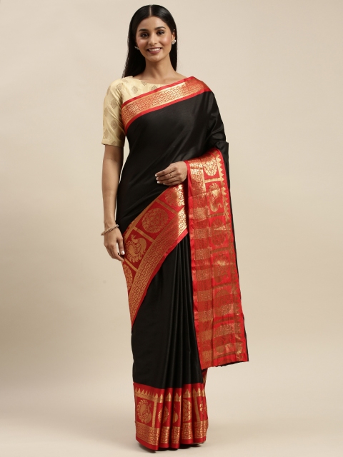 

KALINI Black Poly Silk Solid Maheshwari Saree