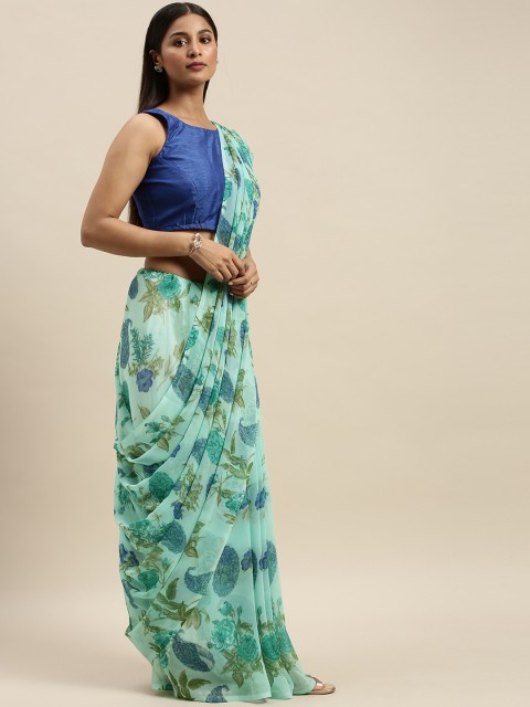 

KALINI Sea Green & Blue Floral Printed Poly Georgette Saree