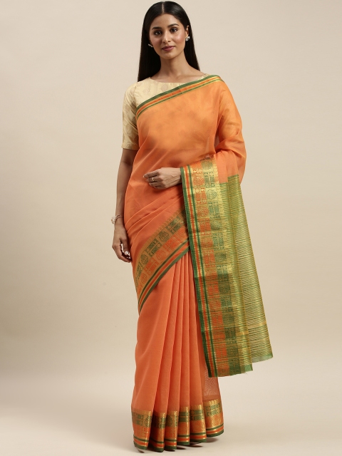 

KALINI Orange & Green Solid Cotton Blend Saree