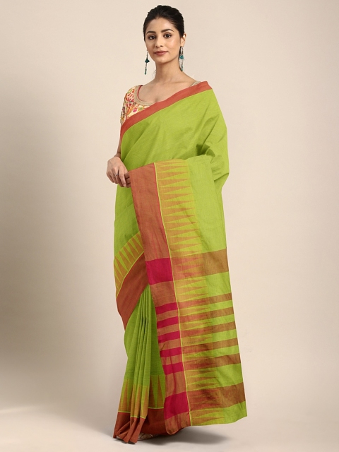 

aamna Lime Green & Red Pure Cotton Solid Mangalagiri Saree