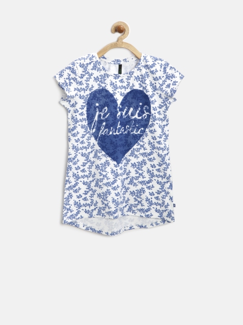 

United Colors of Benetton Girls White & Blue Floral Print Pure Cotton Top