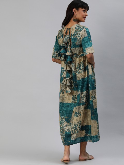 

Anouk Women Beige & Teal Blue Printed Gathered Maxi Dress with Back Tie-Ups