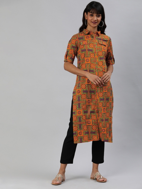 

Anouk Women Mustard Yellow & Green Printed Straight Kurta