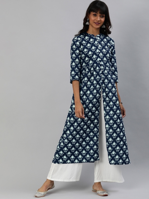 

Anouk Women Navy Blue & White Printed High Slit A-Line Kurta