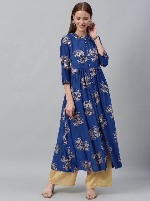 

Anouk Women Blue & Golden Foil Printed High Slit A-Line Kurta