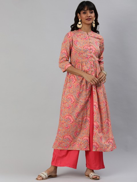 

Anouk Women Peach-Coloured & Red Floral Printed A-Line Kurta