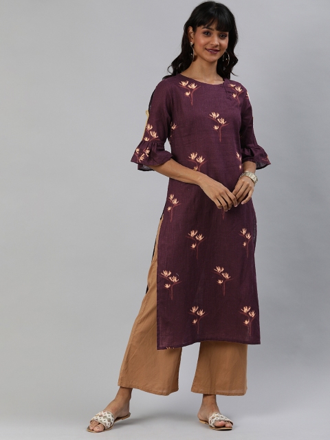

Anouk Women Burgundy & Brown Printed Straight Kurta with Bell Sleeves