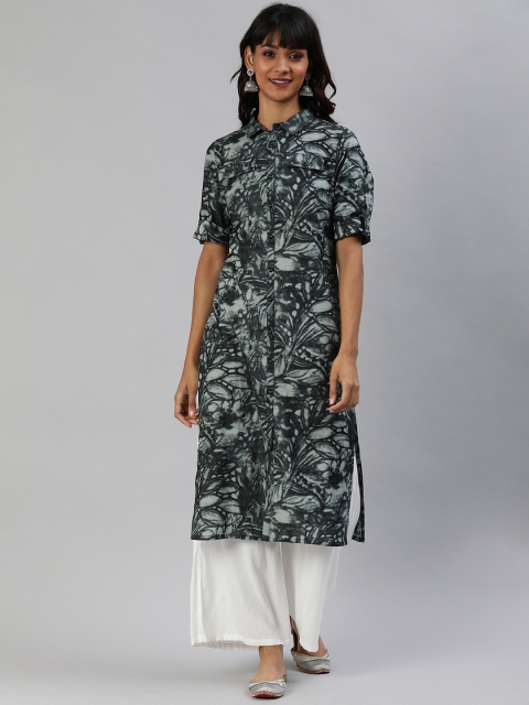

Anouk Women Grey & Black Printed Straight Kurta