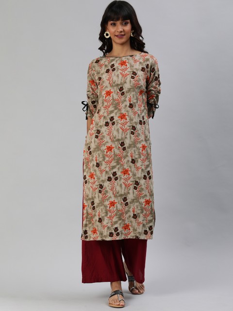 

Anouk Women Brown & Orange Floral Printed Boat Neck Straight Kurta with Tie-Up Sleeve