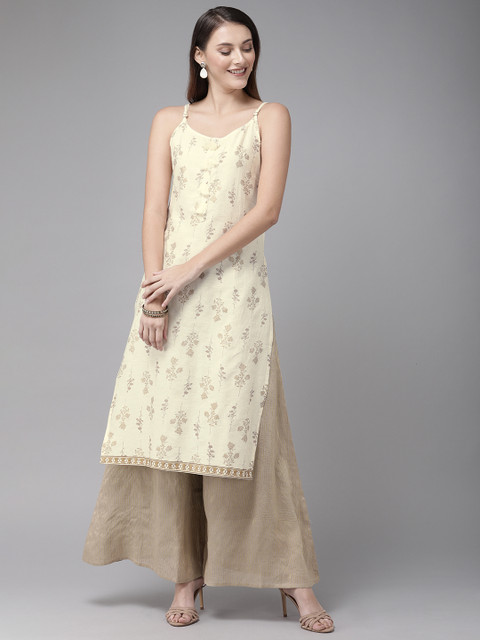 

Anouk Women Cream-Coloured & Golden Printed Straight Kurta