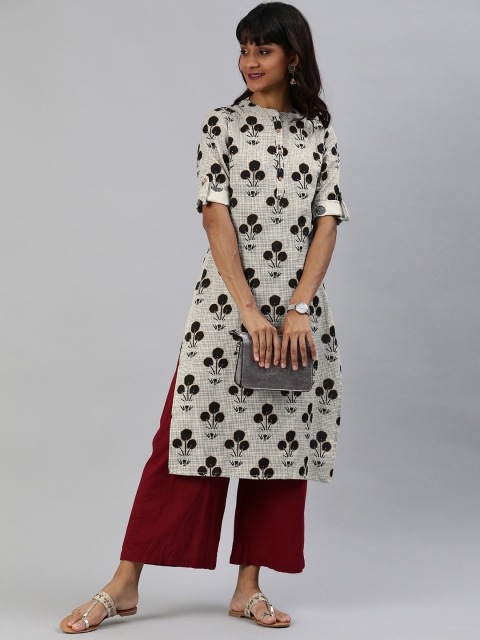 

Anouk Women Off-White & Grey Checked Straight Kurta with Printed Detail