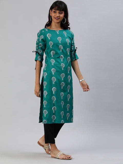 

Anouk Women Teal Green & Grey Printed Straight Kurta