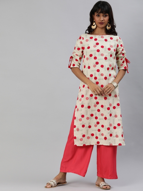 

Anouk Women Off-White & Red Polka Dot Printed Straight Kurta