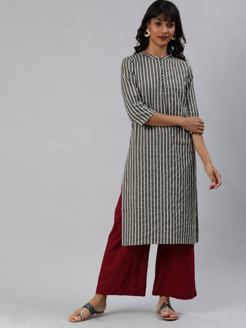 

Anouk Women Black & White Striped Straight Cotton-Linen Kurta