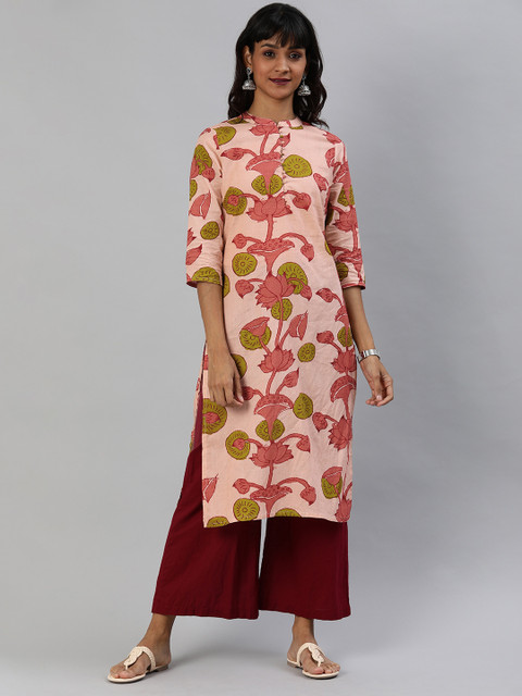 

Anouk Women Peach-Coloured & Olive Green Printed Straight Kurta