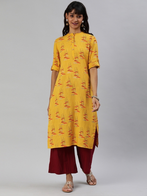 

Anouk Women Mustard Yellow & Red Printed Straight Kurta