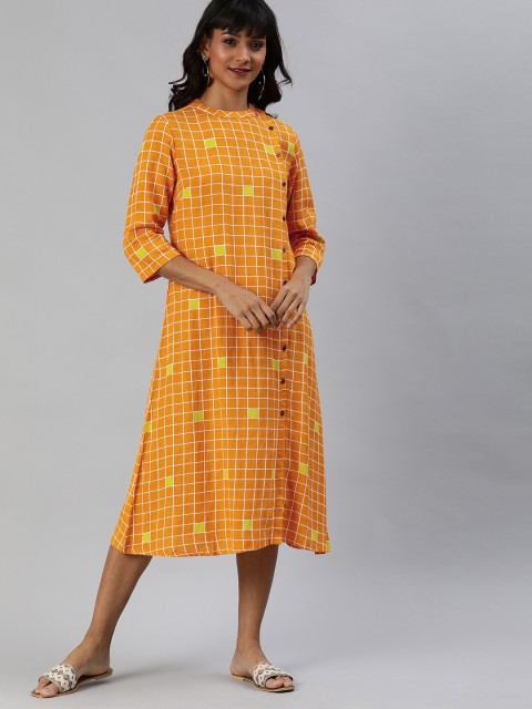 

Anouk Women Mustard Yellow & White Checked A-Line Cotton-Linen Kurta