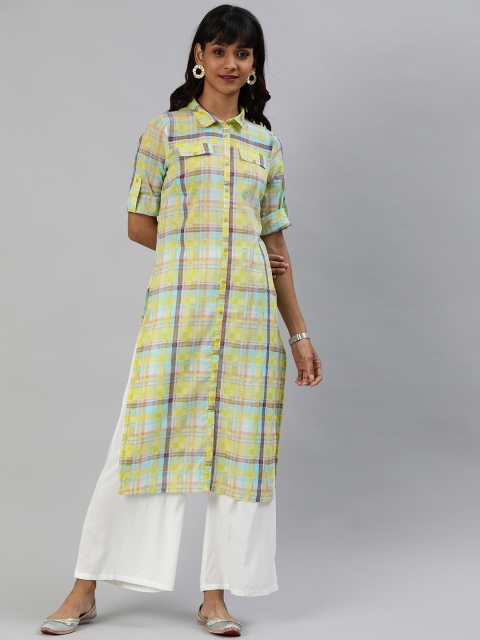 

Anouk Women Yellow & Blue Checked Straight Kurta