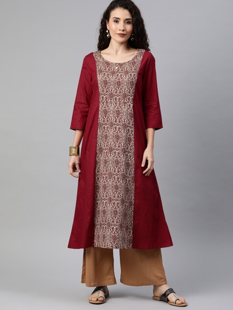 

Anouk Women Maroon & Beige Printed Straight Panelled Kurta