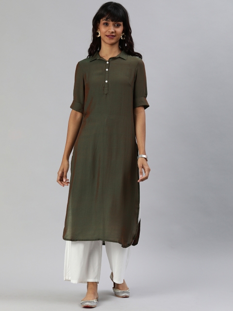 

Anouk Women Olive Green Solid Dual Toned Straight Kurta