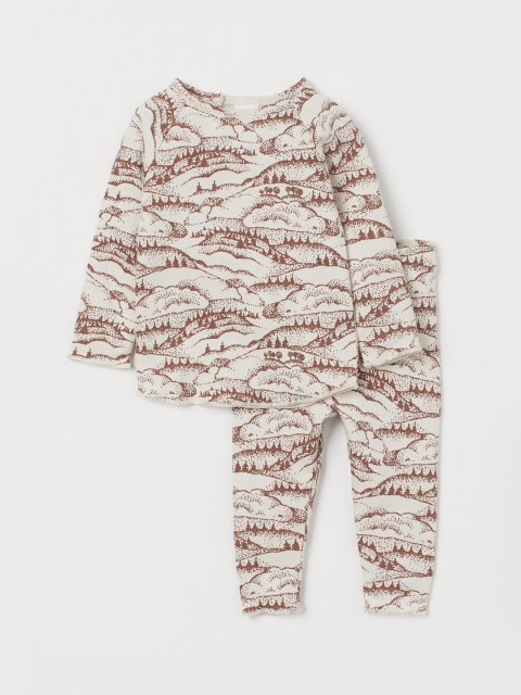 

H&M Unisex Kids Beige & Brown Sustainable Printed Top and trousers