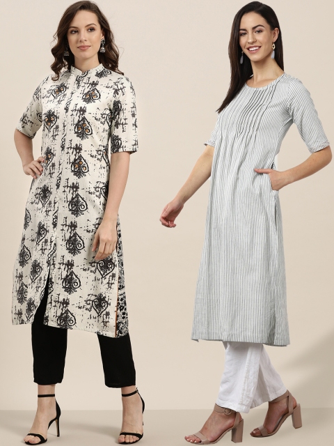 

Sangria Women Pack of Striped A-Line Kurta & Printed Straight Kurta, Off white