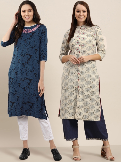 

Sangria Women Pack of 2 Printed Straight Kurtas, Off white