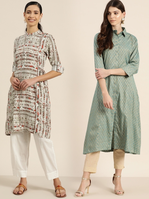 

Sangria Women Pack of 2 Printed A-Line Kurtas, Green