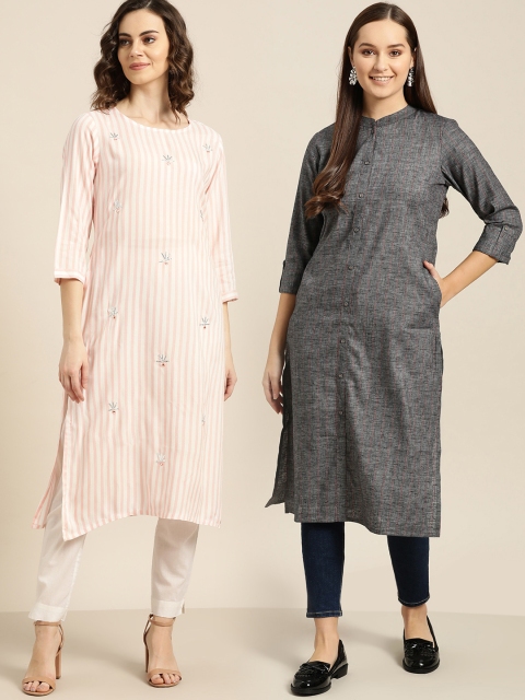 

Sangria Women Pack of 2 Striped Straight Kurtas, Pink