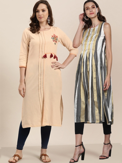 

Sangria Women Pack of Striped A-Line Kurta & Solid Straight Kurta, White