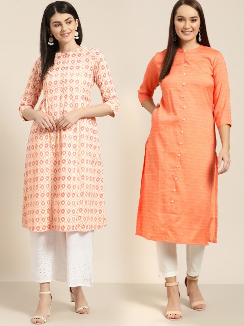 

Sangria Women Pack of Printed A-Line Kurta & Striped Straight Kurta, Pink