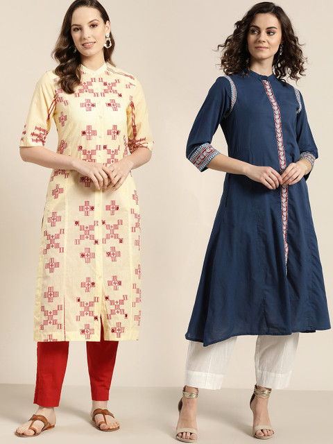 

Sangria Women Pack of Solid A-Line Kurta & Printed Straight Kurta, Yellow