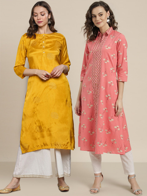 

Sangria Women Pack of Printed Straight Kurta & A-Line Kurta, Pink