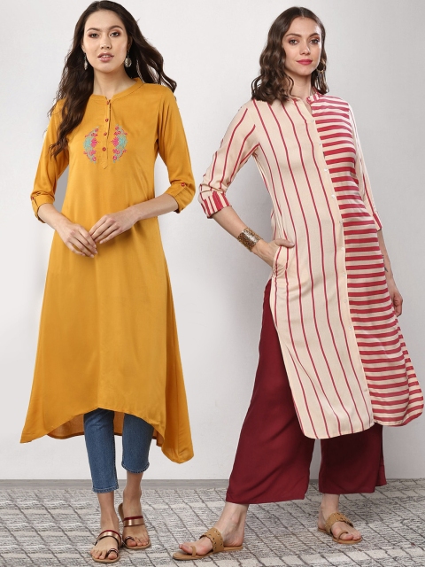 

Sangria Women Pack of Yoke Design A-Line Kurta & Striped Straight Kurta, Mustard