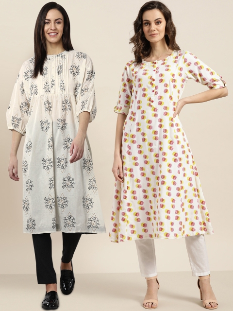 

Sangria Women Pack of 2 Printed A-Line Kurtas, Off white
