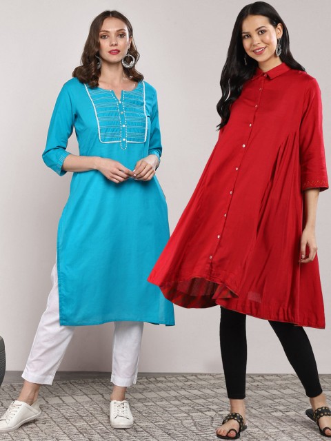

Sangria Women Pack of 2 Solid Kurtas, Red