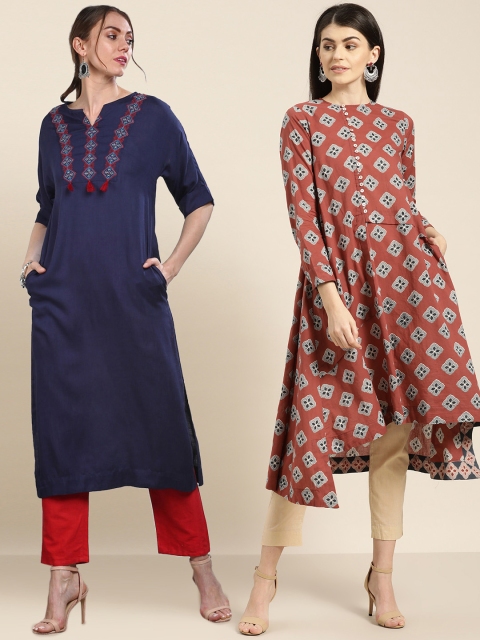 

Sangria Women Pack of Solid Straight Kurta & Printed A-Line Kurta, Navy blue