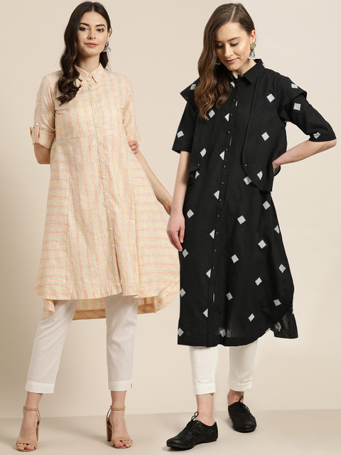 

Sangria Women Pack of Embroidered Pathani Kurta & Striped A-Line Kurta, Black
