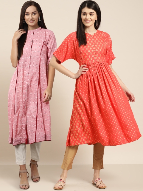 

Sangria Women Pack of 2 Printed A-Line Kurtas, Coral