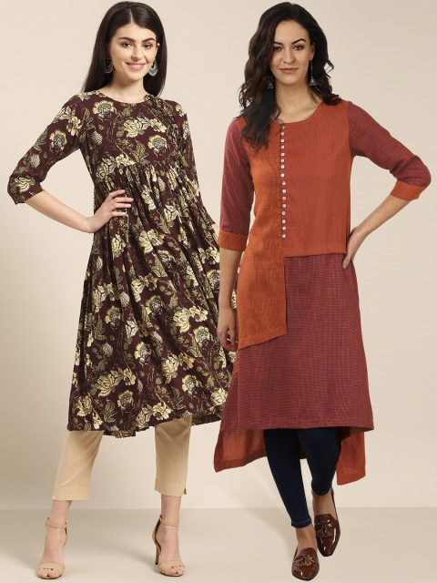 

Sangria Women Pack of Anarkali & A-Line Kurtas, Coffee brown