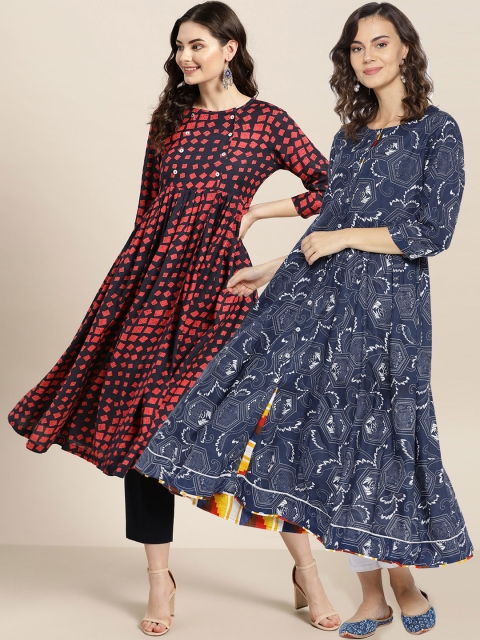 

Sangria Women Pack of 2 Printed Kurtas, Navy blue