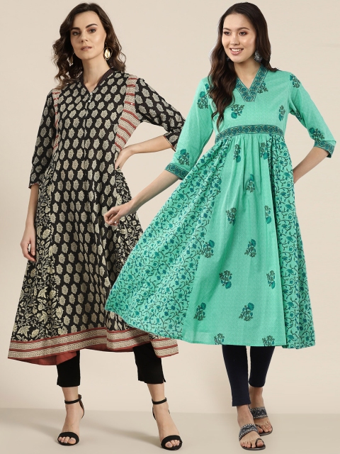 

Sangria Women Pack of 2 Printed A-Line Kurtas, Black