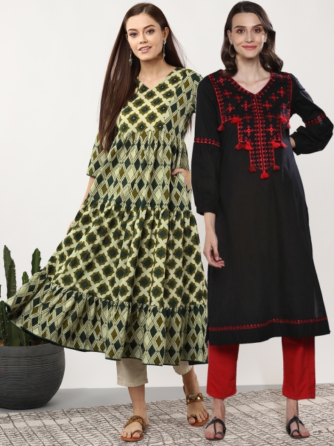 

Sangria Women Pack of 2 A-Line Kurtas, Green